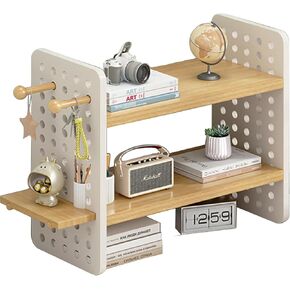 Wood Desk Shelf Organizer, 2 Tier Desktop Bookshelf for Home and Office Supply, Wooden Desktop Organizer with Pegboard Design, Adjustable Display Shelf for Computer Desk