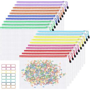 Klmnop 20pcs Zipper Pouch Puzzle Storage Bags, Large A3 17x12 Inches Zipper Pouches with Labels, Reusable Mesh Zipper Pouch File Bags for Organizing Classroom Board Game Storage（8 Colors）