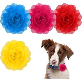 4Pcs Dog Flower Bow Collar Multicolored Pet Collar Charm Flower Cat Bow Tie Set Slide Collars Accessories for Medium Large Puppy Grooming Supplies Lake Blue, Yellow, Bright Red, Rose Red