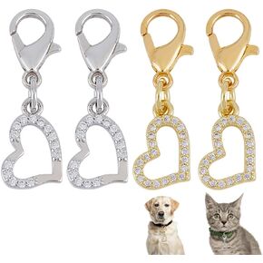 4pcs Heart Collar Pendants for Cat Dog Valentine Charms Brass Rhinestone Pet Collar Pendants Clip-on Charms for Bag Decor Keychain Pet Necklace Jewelry Making Training Home Decor