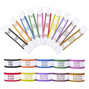 1000pcs Money Bands for Cash - Self-Adhesive Money Wrappers for Bills, Currency Straps in 12 ABA Standard Colors, Ideal for Banks, Restaurants and Businesses to Organize Cash (100 per Band)
