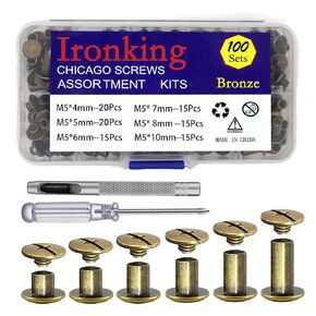100Sets M5 Chicago Screws Leather Rivets Assorted Metal Fasteners Buttons Screw Rivets， for Leather Craft Decorate and Repair Belts Bags Shoes Purse (BronzeM5*4,5,6,7,8,10)