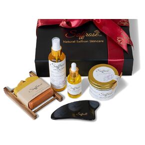 Handmade Saffron Skincare Gift Set, 5pc including Saffron Soap, Bamboo Soap Dish, Saffron Scrub, Saffron & Rose Facial Toner, Facial Oil, & Gua Sha