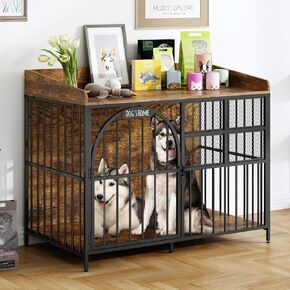 41.4" Large Dog Crate Furniture with Chew-Resistant, Heavy Duty Dog Kennel Indoor with Storage, End Table Wooden Dog Cage with Name Tag, Dog House for Medium/Large Dogs up to 70lb, Rustic Brown