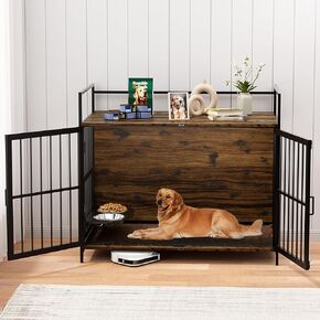Lovmor Dog Cage Furniture مع أوعية التغذية الدوارة ، بيت الكلب الداخلي مع وسادة ، صناديق الكلاب للكلاب الصغيرة والمتوسطة ، 41 "L x 23.6" W 35.8 "H ، Rustic Brown