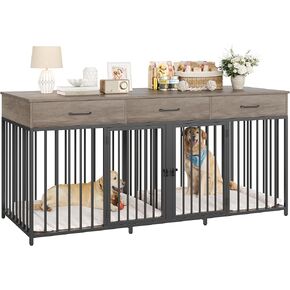 HOSTACK Double Dog Crates Furniture, 71" Wide Indoor Dog Kennel with 3 Drawers, Farmhouse Dog Cage for 2 Large/Medium Dogs, Heavy Duty Dog Crate with Removable Divider, Wooden Pet House, Ash Grey