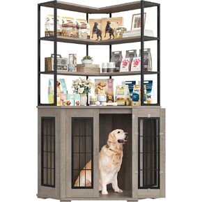 Corner Dog Crate Furniture with Storage, Decorative Large Dog Kennel Indoor Furniture with Double Doors, 2 Safety Locks, 4-Tier Shelves, Large Dog Cage Furniture for Medium and Big Dogs