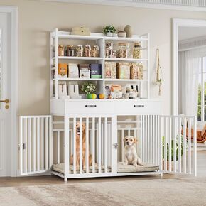 Keyluv 71''H x 47.2''W Large Dog Crate Furniture with 4-Tier Shelves and 2 Storage Drawers, Heavy Duty Dog Cage Furniture with 2 Doors, Wood & Metal Dog Kennel Indoor for Small/Medium/Large Dog, Black
