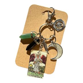 Sagittarius Tarot Bag Charm, TEMPERANCE Tarot Card Keychain, Natural Healing Stones, Crystal Chunky Keychain, Crescent Moon, Positive Energy gifts, Meaningful Gifts (Gold/Bronze Tone)
