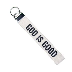 God Is Good Embroidered Keychain Christian Key Fob Religious Gifts Cotton Keychain (Ivory-White)