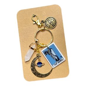 VIRGO Zodiac Tarot Card Bag Charms, Virgo Key chains, The HERMIT Major Arcana, Spiritual Enlightenment Gifts, Natural Quartz Crystal Bag Charms, Keychains, Car Key Rings, Kindle Case Charms, Window Charms, Rustic Bronze Compass, Crescent, Virgo Jewelry, V