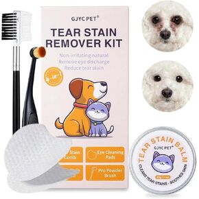 Tear Stain Remover Kit for Dogs and Cats – Upgraded Eye Cleaning Care Set [New & Improved] with Balm, Comb, Brush & Cotton Pads – Gently Helps Clean & Reduce Stains