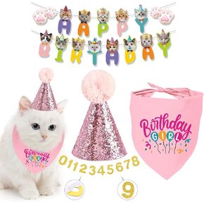 Cat Girl Pink Birthday Party Supplies, Pet Birthday Hat with Numbers, Pet Cat Birthday Bandana, Cats Banner Birthday Decorations for Cats Kittens Birthday Outfits (4PCS Pink)