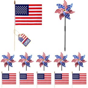 6 Pcs 4th of July Pinwheels, 6 Pcs Small American Flags on Stick 12x18 Inch, Windmill Wind Spinners for Yard, Garden, American Hand Held Stick Flag for Outdoor Decorations, Patriotic Decorations