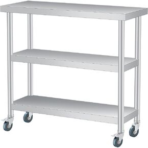 Stainless Steel Work Table with Wheels, 3-Shelf Commercial Food Prep Table 14x36x34 Inch, Rust-Resistant Metal Utility Table for Kitchen, Restaurant, Garage, Warehouse, Indoor, Outdoor