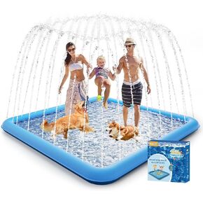 Splash Pad, 107"- 80" Non-Slip Splash Pad for Kids and Dogs, Thickened Durable Square Dog Pool with Sprinkler Summer Outdoor Water Toys for Toddler Girls Boys Children Pet (Blue)