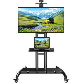 Mobile TV Cart for 32-75 Inch Flat/Curved Screen TV, Portable Rolling TV Stand on Wheels with Height Adjustable Shelf, Trolley Cart Max VESA 600x400mm up to 100lbs