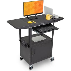 Line Leader Rolling AV Cart with Locking Cabinet, Laptop Stand, and Drop Leaves, Height Adjustable Mobile Utility Cart Workstation with Extra Storage Space, UL-Listed Power Strip (Black / 46 x 18)