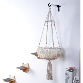 SHENGOCASE Macrame Boho Cat Hammock with 3 Steps and Hook, Wall Mounted Swing Bed, Hanging Cat Bed for Indoor Cats, Wall Furniture (15.7")