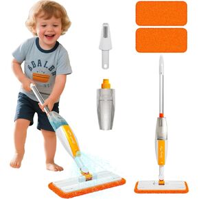 Kids Spray Mop - Toddler Cleaning Set Includes Kids Mop with Real Water Sprayer, Microfiber Pads & Scraper - Pretend Play Montessori Housekeeping Toys Gifts for Toddlers Kids Girls Boys Aged 4+