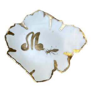 Monogram White and Gold Bee Ring Dish with Initial Letter M, Handmade Monogrammed Catchall, Decorative Ceramic Jewelry Gift for Women and Men