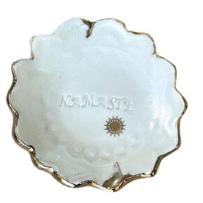 White and Gold Namaste Ring Dish, Handmade Ceramic Jewelry Plate, Gifts for Women and Men -Stock Photo, Please Read Description