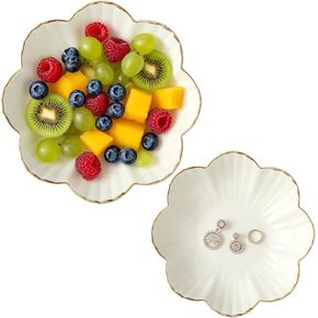 2 Pcs Ceramic Decorative Dish, 6" and 8" Flower Jewelry Dish Tray Key Holder Bowl White Candy Tray with Metallic Rim, for Small Jewelry Cereal, Salad, Candy and Snacks Office Home Desk