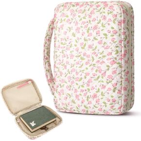 Aliceset 10.2"x7.9"x2.1" Large Bible Cover Case for Women Blue Floral Quilted Cotton Bible Carrying Cases Protective Bag with Handle and Zippered Pocket for Christian Study Supplies Church Gifts