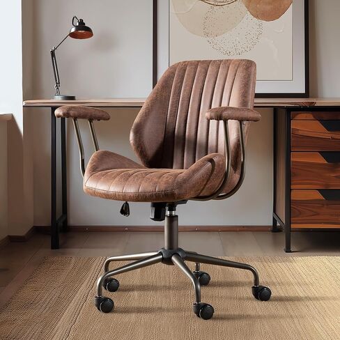 Mid Century Modren Office Chair,Mid Back Ergonomic Executive Chair with Lumbar Support, Computer Desk Swivel Task Chair with Wheels, Faux Lether Suede Fabric Home Chair, Brown in Saudi Arabia