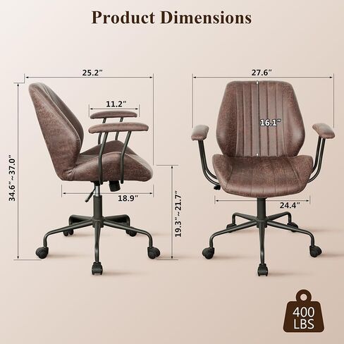 Mid Century Modren Office Chair,Mid Back Ergonomic Executive Chair with Lumbar Support, Computer Desk Swivel Task Chair with Wheels, Faux Lether Suede Fabric Home Chair, Brown in Saudi Arabia
