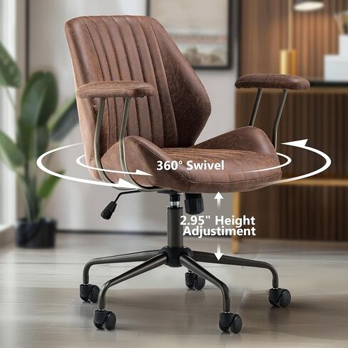 Mid Century Modren Office Chair,Mid Back Ergonomic Executive Chair with Lumbar Support, Computer Desk Swivel Task Chair with Wheels, Faux Lether Suede Fabric Home Chair, Brown in Saudi Arabia
