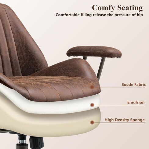Mid Century Modren Office Chair,Mid Back Ergonomic Executive Chair with Lumbar Support, Computer Desk Swivel Task Chair with Wheels, Faux Lether Suede Fabric Home Chair, Brown in Saudi Arabia