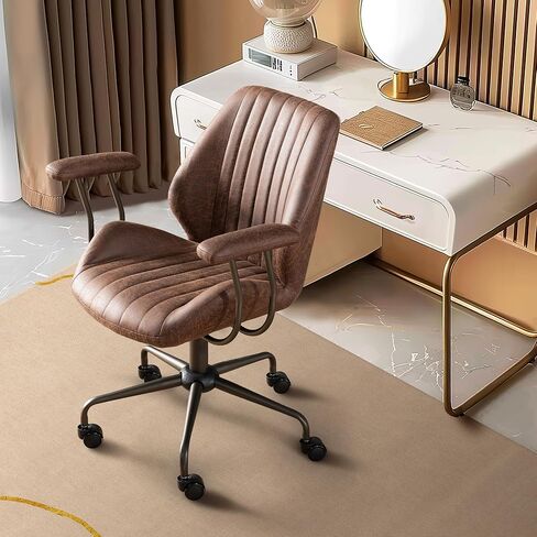 Mid Century Modren Office Chair,Mid Back Ergonomic Executive Chair with Lumbar Support, Computer Desk Swivel Task Chair with Wheels, Faux Lether Suede Fabric Home Chair, Brown in Saudi Arabia