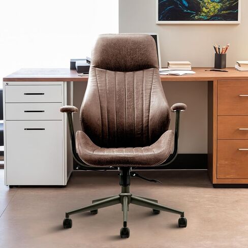 Mid Century Modren Office Chair,Mid Back Ergonomic Executive Chair with Lumbar Support, Computer Desk Swivel Task Chair with Wheels, Faux Lether Suede Fabric Home Chair, Brown in Saudi Arabia