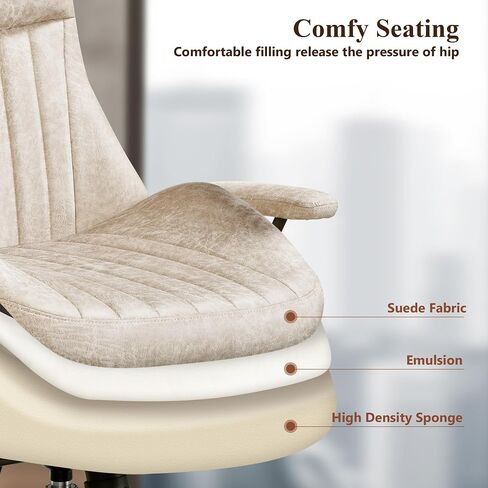 Mid Century Modren Office Chair,Mid Back Ergonomic Executive Chair with Lumbar Support, Computer Desk Swivel Task Chair with Wheels, Faux Lether Suede Fabric Home Chair, Brown in Saudi Arabia