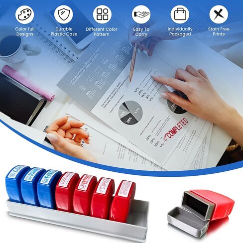 مجموعة طوابع المكاتب 8pcs ، ختم الأعمال المطاطية الحبر بالحبر الأحمر والأزرق ، نسخ ختم عمل الرسائل المكتمل المدفوع بالفاكس المدفوع ضوئيًا مع صينية تخزين in Kuwait