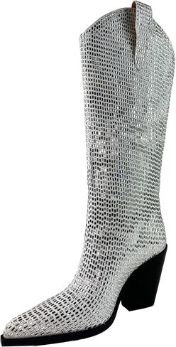 ARIDER GIRL Straddle Women's Crystal Rhinestone Embellished Knee High Leather Stacked Heel Pointed Toe Western Fashion Boots in Kuwait
