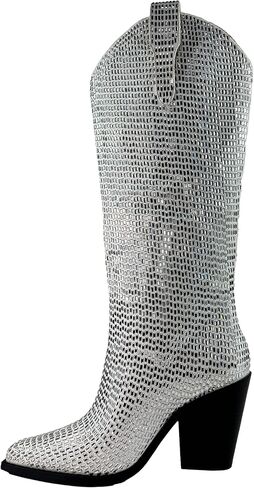 ARIDER GIRL Straddle Women's Crystal Rhinestone Embellished Knee High Leather Stacked Heel Pointed Toe Western Fashion Boots in Kuwait