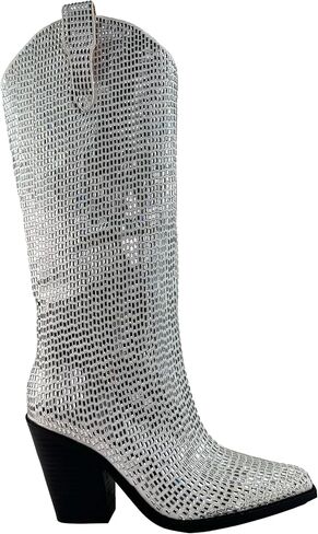 ARIDER GIRL Straddle Women's Crystal Rhinestone Embellished Knee High Leather Stacked Heel Pointed Toe Western Fashion Boots in Kuwait