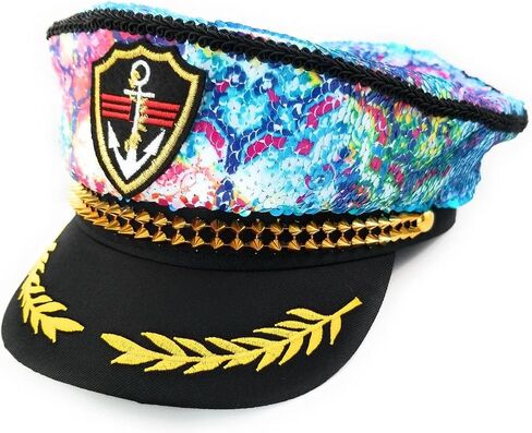 Captain Hat Sequin Fabric, Adult size, Reversible Fabric,Festival Hat, Desert Hearts,Burning Man Hat, Playa,Pool Party, Deluxe, Mermaid Fabric (Kaleidoscope/Blue Iridecent) in Saudi Arabia