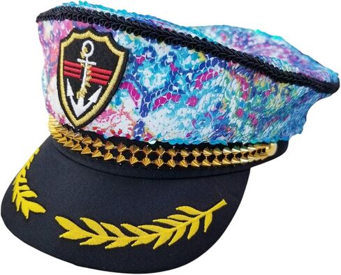 Captain Hat Sequin Fabric, Adult size, Reversible Fabric,Festival Hat, Desert Hearts,Burning Man Hat, Playa,Pool Party, Deluxe, Mermaid Fabric (Kaleidoscope/Blue Iridecent) in Saudi Arabia