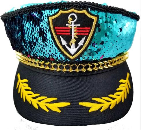 Captain Hat Sequin Fabric, Adult size, Reversible Fabric,Festival Hat, Desert Hearts,Burning Man Hat, Playa,Pool Party, Deluxe, Mermaid Fabric (Kaleidoscope/Blue Iridecent) in Saudi Arabia