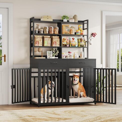 Keyluv 71''H x 47.2''W Large Dog Crate Furniture with 4-Tier Shelves and 2 Storage Drawers, Heavy Duty Dog Cage Furniture with 2 Doors, Wood & Metal Dog Kennel Indoor for Small/Medium/Large Dog, Black in Kuwait