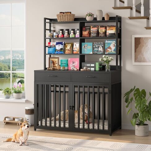 Keyluv 71''H x 47.2''W Large Dog Crate Furniture with 4-Tier Shelves and 2 Storage Drawers, Heavy Duty Dog Cage Furniture with 2 Doors, Wood & Metal Dog Kennel Indoor for Small/Medium/Large Dog, Black in Kuwait