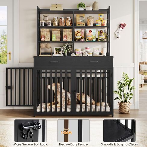 Keyluv 71''H x 47.2''W Large Dog Crate Furniture with 4-Tier Shelves and 2 Storage Drawers, Heavy Duty Dog Cage Furniture with 2 Doors, Wood & Metal Dog Kennel Indoor for Small/Medium/Large Dog, Black in Kuwait