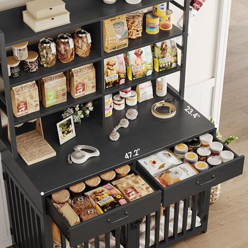 Keyluv 71''H x 47.2''W Large Dog Crate Furniture with 4-Tier Shelves and 2 Storage Drawers, Heavy Duty Dog Cage Furniture with 2 Doors, Wood & Metal Dog Kennel Indoor for Small/Medium/Large Dog, Black in Kuwait