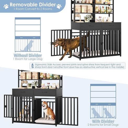 Keyluv 71''H x 47.2''W Large Dog Crate Furniture with 4-Tier Shelves and 2 Storage Drawers, Heavy Duty Dog Cage Furniture with 2 Doors, Wood & Metal Dog Kennel Indoor for Small/Medium/Large Dog, Black in Kuwait