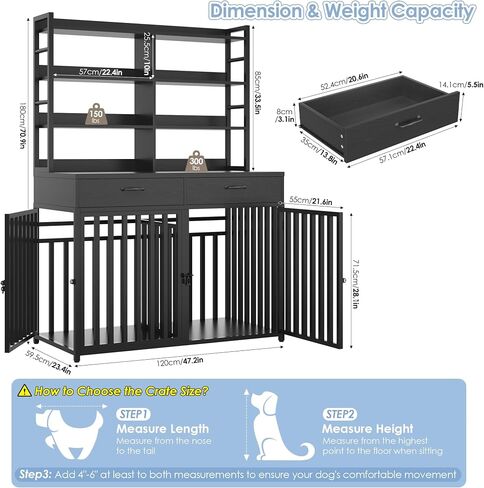 Keyluv 71''H x 47.2''W Large Dog Crate Furniture with 4-Tier Shelves and 2 Storage Drawers, Heavy Duty Dog Cage Furniture with 2 Doors, Wood & Metal Dog Kennel Indoor for Small/Medium/Large Dog, Black in Kuwait