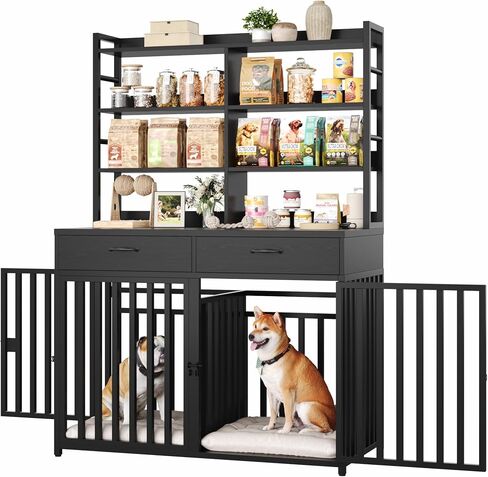 Keyluv 71''H x 47.2''W Large Dog Crate Furniture with 4-Tier Shelves and 2 Storage Drawers, Heavy Duty Dog Cage Furniture with 2 Doors, Wood & Metal Dog Kennel Indoor for Small/Medium/Large Dog, Black in Kuwait