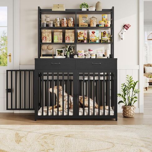Keyluv 71''H x 47.2''W Large Dog Crate Furniture with 4-Tier Shelves and 2 Storage Drawers, Heavy Duty Dog Cage Furniture with 2 Doors, Wood & Metal Dog Kennel Indoor for Small/Medium/Large Dog, Black in Kuwait